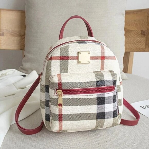Red, Black, White, Cream, Deep PinkPlaid Backpack with Gold Zippers - Picture 1 of 10